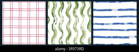 Vector watercolor seamless pattern set. Abstract minimalist background with hand drawn red check, green wavy lines and blue brush strokes. Fabric text Stock Vector
