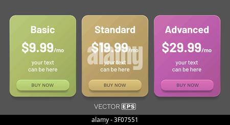 Modern Pricing Table Design. Clean and colorful UIUX element for various subscription plans. Vector illustration Stock Vector
