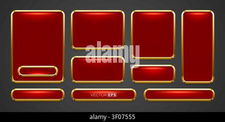 Glossy red buttons and frames with golden borders. This elegant set offers various shapes and sizes. Vector illustration Stock Vector