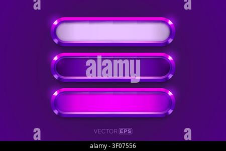 Stylish glowing purple and pink metallic buttons or banners for modern UI design on a dark background. Vector illustration Stock Vector