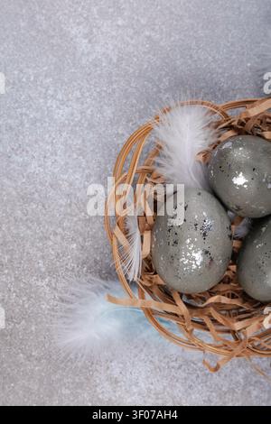 Easter eggs in wicker nest with feathers on gray background Stock Photo