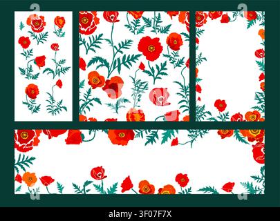 red poppy frame. Set of poppy backgrounds. Seamless floral pattern.. Hand drawn. Not AI, vector illustration. Stock Vector