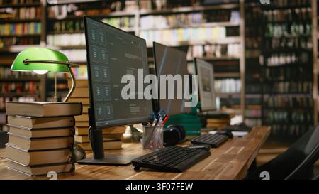 Multiple computer monitors show chatbot and blue presentation screen, digital content on interfaces at library study desk. Workspace with books, green lamps and keyboards. Stock Photo