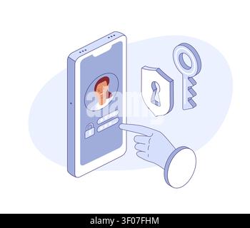Account login and password screen on isometric mobile phone. Secure access interface. Vector for app, security, fintech blog. Stock Vector