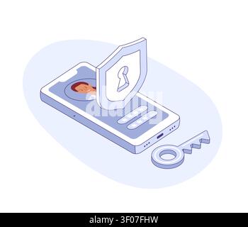 Isometric phone with female avatar. Account login with username and password. Vector for app interface, security, user profile. Stock Vector