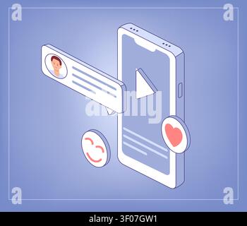 Comments and reactions popping on video screen. Isometric phone scene. Engagement explosion. Content creator portfolios Stock Vector