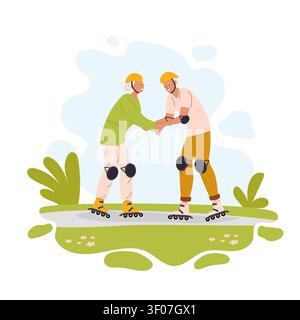 Elderly man and woman in sportswear with protection rollerblading, supporting each other on sidewalk. Illustration active aging Stock Vector