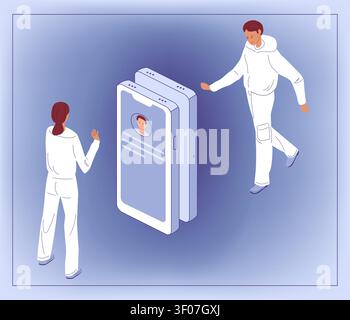 Man and woman communicate via mobile phones. Isometric vector illustration for messaging app, social network. remote work banner Stock Vector