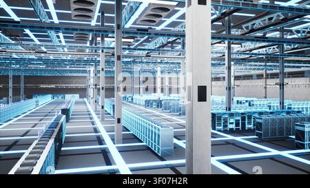 Data center database servers support big data processing and complex calculations, shown with blue wireframe digital twin infrastructure. Stock Photo