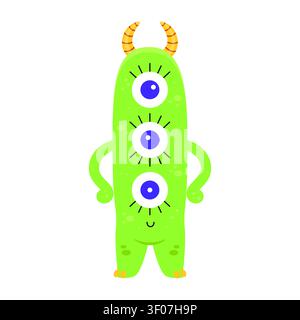 Cute three eyed alien monster vector illustration. Funny green tall creature character with striped horns isolated on white background. Friendly spook Stock Vector