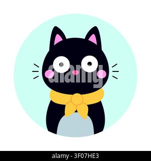 Funny black cat wearing a yellow bow tie. Avatar, portrait, social media design. Vector flat illustration isolated on a white background. Stock Vector