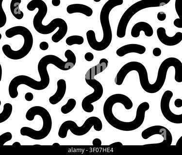 Abstract retro seamless pattern vector illustration. Black hand drawn wavy lines and dots on isolated white background. Minimalist groovy 60s 70s back Stock Vector