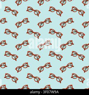 Seamless pattern with red eyeglasses on light blue background. Cartoon vector optical print Stock Vector