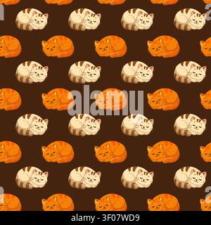 Seamless pattern with sleeping orange and cream tabby cats on dark brown background. Cartoon vector cozy pet background Stock Vector