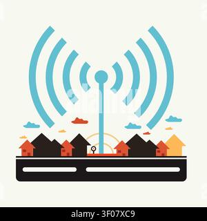 Flat vector illustration of a wireless communication tower broadcasting signals across a residential neighborhood, ideal for telecom, internet, smart Stock Vector