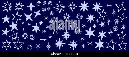 Hand drawn stars and sparkles with crayon texture collection. Starburst and pastel crayon scribble star set. Vector magic spark clip art isolated for Stock Vector