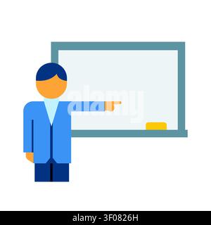A professional instructor teaching at a whiteboard, depicted as a clean flat vector icon for educational presentations and academic learning concepts. Stock Vector