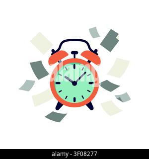 A flat vector illustration of an alarm clock with flying paper sheets, representing a busy schedule, deadline pressure, and effective time management. Stock Vector