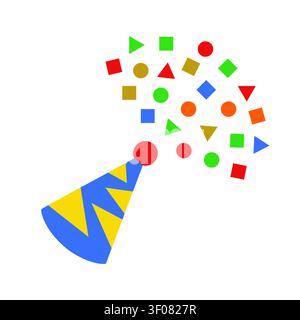 A colorful birthday party hat with floating geometric shape confetti, capturing a festive celebration, joyful event, and cheerful party atmosphere. Stock Vector