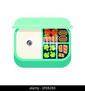 A healthy bento box lunch container featuring fresh food ingredients like broccoli and tomatoes, designed as a clean and modern flat vector. Stock Vector