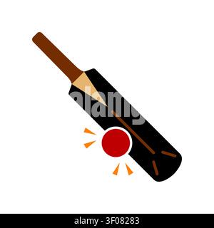 A cricket bat and red ball hitting icon for sports game design, showcasing athletic action, competitive play, and professional cricket equipment. Stock Vector