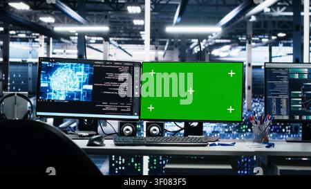 Chroma key isolated screen computers managing server room gear working with AI tech. Stock Photo