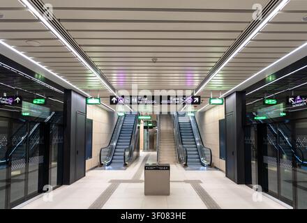 Riyadh, Saudi Arabia - February 21, 2026: Modern interior of Al Hamra Metro Station showing escalators and direction signs in the capital city Stock Photo