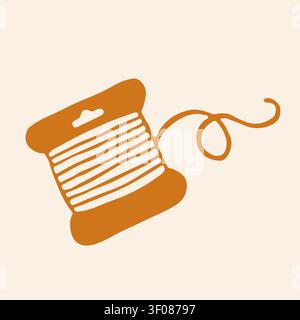 Doodle vector art of a plastic thread bobbin spool wound with embroidery floss and a wavy loose end. Orange icon for sewing and needlework supplies Stock Vector