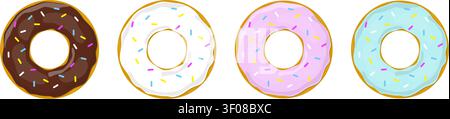 Colorful Glazed Donuts Flat Cartoon Illustration Set Stock Vector