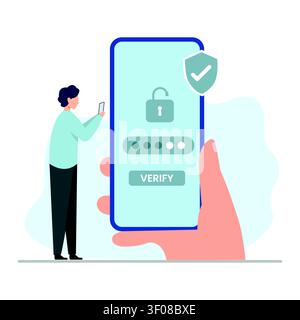Flat vector illustration of secure mobile identity verification with smartphone authentication, password protection, and cybersecurity concepts for di Stock Vector