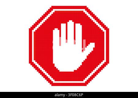 Red Pixel Stop Sign with Hand Symbol — Retro Warning Icon Stock Vector
