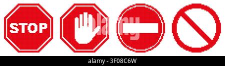 Pixel Stop and Prohibition Traffic Signs — Retro Icon Set Stock Vector