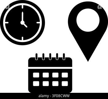 Time address and date minimalist location icons set, Business calendar clock and location pin icons Stock Vector