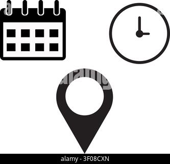 Time address and date icons with calendar and clock, Business calendar clock and location pin icons Stock Vector