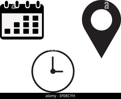 Date, Time and Location Icon Set Stock Vector