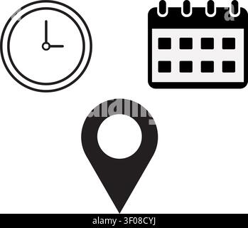 Time address and date icons with calendar and clock, Business calendar clock and location pin icons Stock Vector