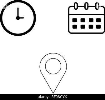 Time address and date calendar clock and map pin icons, Business calendar clock and location pin icons Stock Vector