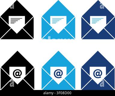 Email icons set with envelopes and at symbols Stock Vector