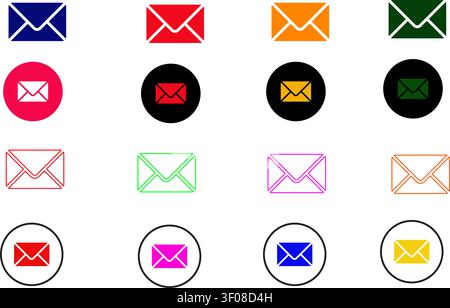 Colorful Email Icon Set on Transparent Background. Stock Vector