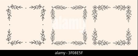 Frame floral border flower set. Hand drawn frame floral border flower invitation botanical vine square design. Delicate wedding branch leaves ribbon elegant garden decoration. Vector illustration Stock Vector