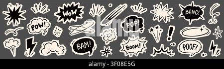 Comic boom cartoon sticker set. Hand drawn comic boom sticker with paper scrapbook collage cutout texture. Wow speech bubble burst explosion dialog grunge ripped elements. Vector illustration Stock Vector