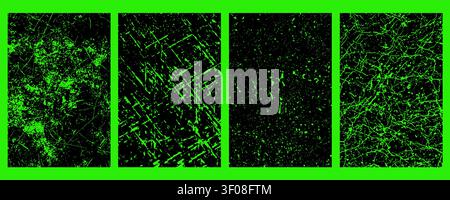 Four black squares with green brush strokes on a green background Stock Vector
