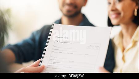 Hands, advisor and contract document with couple, finance advice and application for pension fund. Smile, people and consultant with paperwork Stock Photo