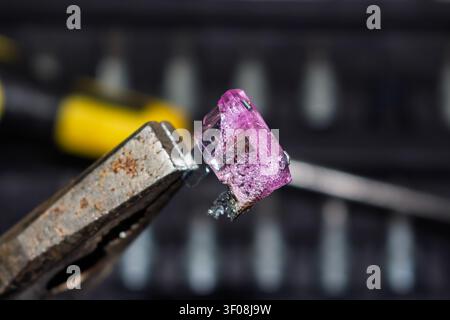 Melted pink automotive blade fuse held by old rusted pliers, close-up shot showing severe thermal damage and plastic deformation caused by electrical Stock Photo