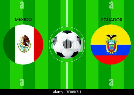 Mexico vs Ecuador football match concept with national flags on green soccer field, perfect for sports event promotions and match day banners. Stock Vector
