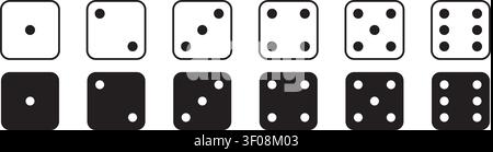 Classic collection of six-sided dice faces from one to six presented in outline and solid editable vector styles. Ideal for board games, casino concep Stock Vector