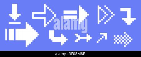 Retro pixel art arrow icons in 8 bit arcade style Y2K. Interface icon set. Geometric play buttons and retro game cursors. Trendy digital collection. Vector illustration Stock Vector