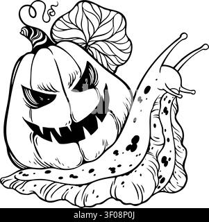 Black and white illustration of a snail with a carved pumpkin shell, a leaf on top, and a spotted body. Surreal and creepy Halloween concept. Stock Vector