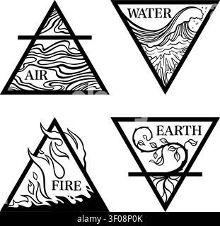Black and white set of four triangles representing the classical elements: Fire (flame), Water (wave), Air (wavy lines), Earth (vine and roots). Each Stock Vector