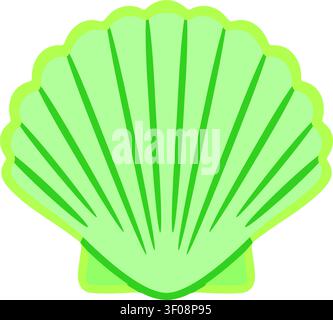 Flat illustration of a mint green scallop shell with fan shaped ridges and soft layered outline Stock Vector